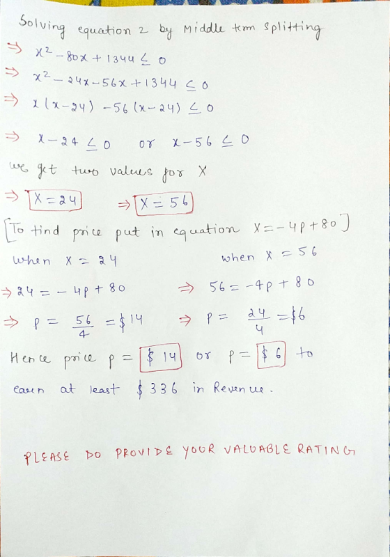 olvi n equation 2 by M Middle -km splitti To find pmce put in equation, X-u, p+80 4- easun at east 3 3 6 in Revan u ATIN PLEA