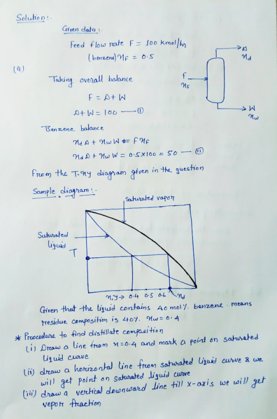 Seluhio n Given data Feed flow note F= 100 kmallh 門 (benzene)Mc os Md Taking overall bolance Mr Benzene balanc e Prcm -tke T.