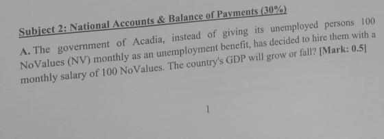 Subject 2: National Accounts & Balance of Payments (30%) A. The government of Acadia, instead of giving its unemployed person