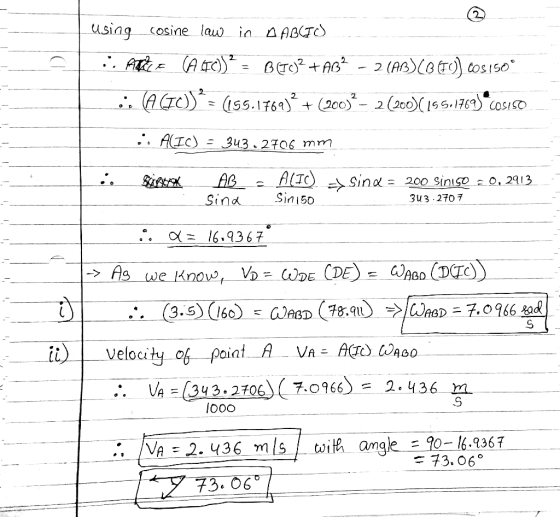 using -cosine law in ΔΑΧΤΟ A343 2706 mm Sind Sini50 3u3 2707 7 it)Velocity of poinl A VA ACT CWASO Va-Q4 3.2100(1.0%), 2.436