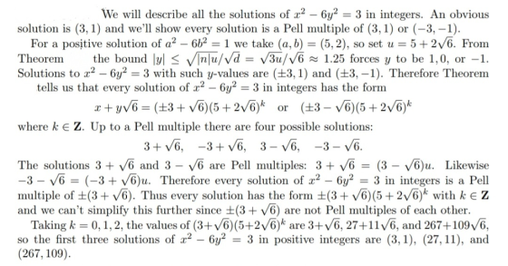 We will describe all the solutions of x2 - 6y2 solution is (3, 1) and well show every solution is a Pell multiple of (3,1) p
