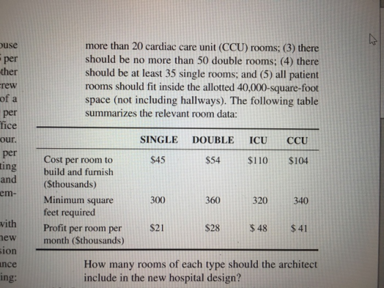 more than 20 cardiac care unit (CCU) rooms; (3) there should be no more than 50 double rooms; (4) there should be at least 35