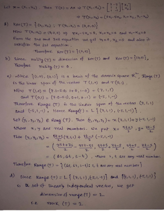 From the 2nd ond 3rd equation ue7cl nyso, -o and alooit Ker (T): Ker (T) and ince nulty (T)-dimension of , tRn, Rege (T) e) r