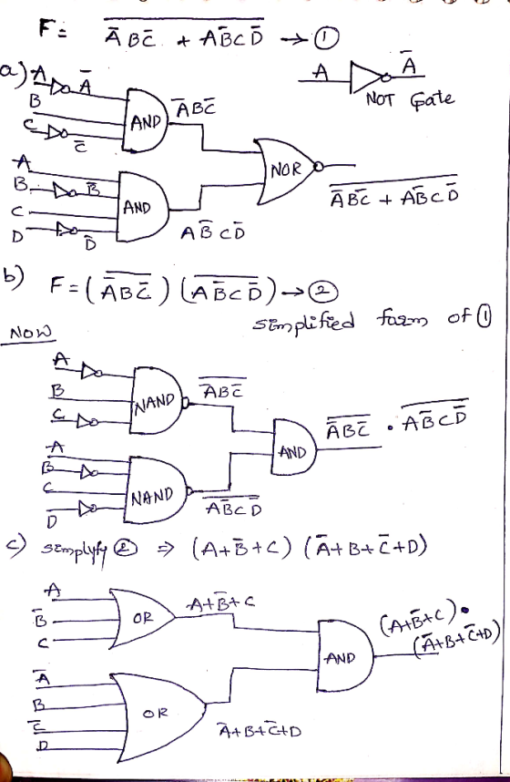 F: ABCD A NoT Fate ABE AND NOR A Bc ABC o AND AB CD bF(AB)ABCD)- 2 Stnplifed fam of NoW ABE NAND ABCD AB2 A AND NAND ABC D so