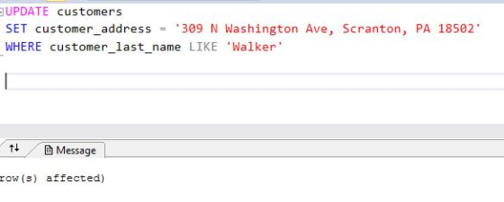 UPDATE customers SET customer-address = 309 N Washington Ave, Scranton, PA 18502. WHERE customer last name LIKE Walker 차 國