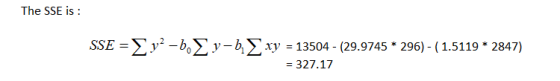 The SSE is SSE =y-bEy-b,^xy = 13504 - (29.9745 * 296) - (1.5119 * 2847) -327.17