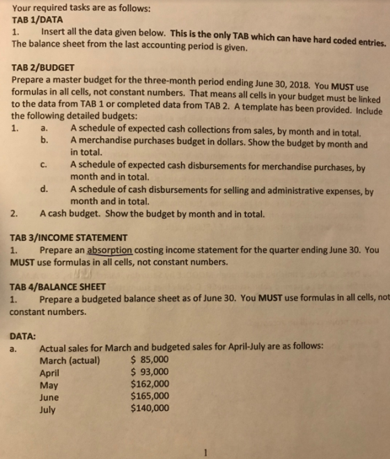 Your required tasks are as follows: TAB 1/DATA 1. Insert all the data given below. This is the only TAB which can have hard c