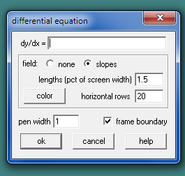 differential equation dy/dk field: none slopes lengths (pct of screen width) 1.5 horizontal rows 20 color pen width 1 frame b