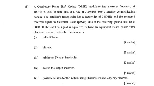 A Quadrature Phase Shift Keying (QPSK) modulator has a carrier frequency of (b) 10GHz is used to send data at a rate of 500Mb