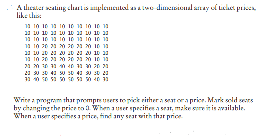 A theater seating chart is implemented as a two-dimensional array of ticket prices, like this: 10 10 10 10 10 10 10 10 10 10