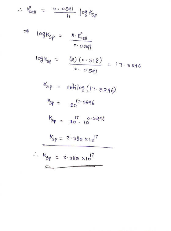 Fcell 1ogKsp a) (o 518) 17 Saq6 C . amilog (17.5246 17 s296 10 17 Kse = 3-38s X10 17 - 3. 38s XlO Ksp