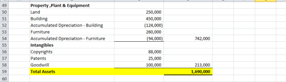 49 Property ,Plant & Equipment Land 50 250,000 Building 51 450,000 Accumulated Dpreciation - Building (124,000) 52 53 Furnitu
