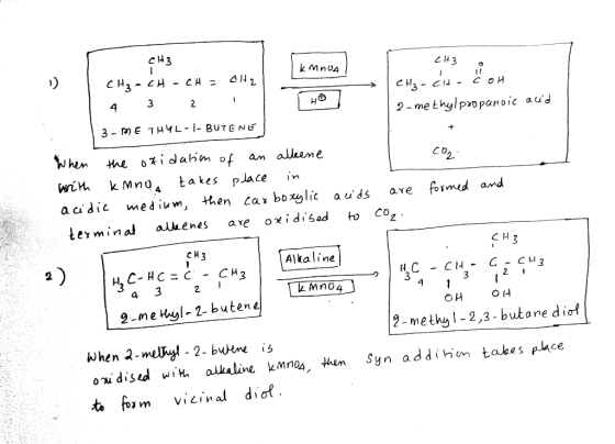 С 43 MnU4 3 4 2 -methylpropanoic aud Co, 2. wiM k Mno takes place in a adic medium, hen car boxylic auds ave fomed and levmi