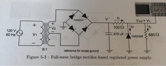 Is V 1N4002GP Vout = VL + Iz IL 100 V2 120 V 470 uF 680 V1 60 Hz 1N5234B 8:1 reference for scope ground Figure 5-3 Full-wave