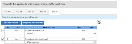 Complete this question by entering your answers in the tabs below. Req 2A Req 2B Req 2C Req 2D Req 2E Enter the transactions