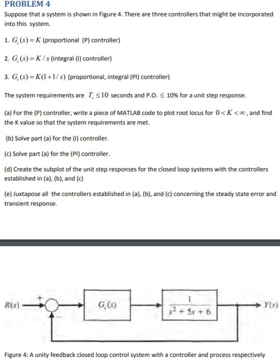PROBLEM 4 Suppose that a system is shown in Figure 4. There are three controllers that might be incorporated into this system
