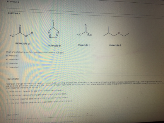 molecule di QUESTION 5 Н,с- н,с- molecule a molecule c molecule b molecule d Which of the following can form hydrogen bonds?
