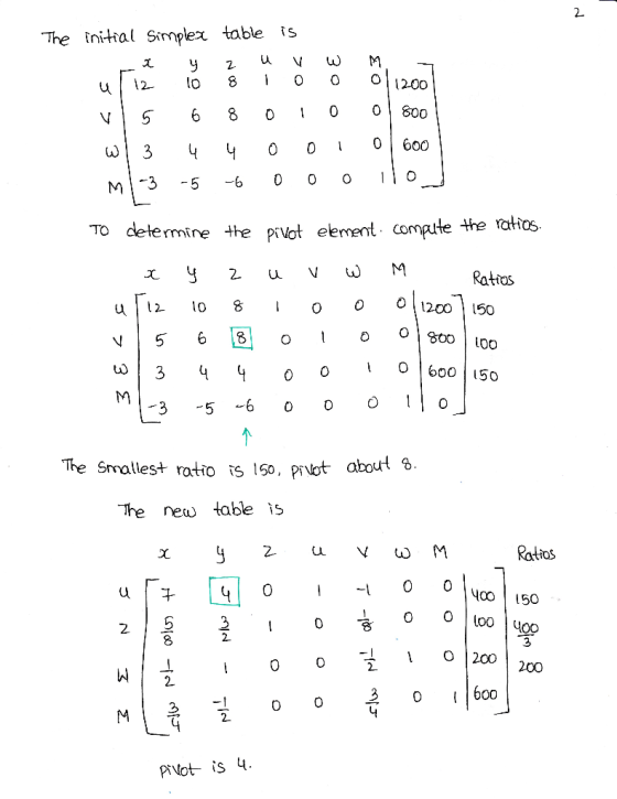 The initial Simplex table is u2 o 0 0 01200 0 V68 0 0 0 600 MI-3-5-6000110 TO delermine the Piot element compute the as Ratio