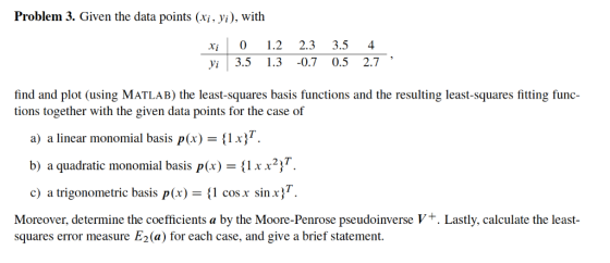 Problem 3. Given the data points (xi, yi), with i0 1.2 2.3 3.5 4 yi 3.5 1.3 -0.7 0.5 2.7 find and plot (using MATLAB) the lea