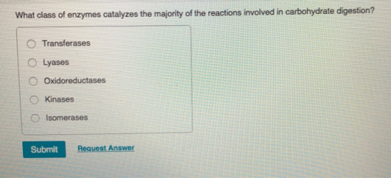 What class of enzymes catalyzes the majority of the reactions involved in carbohydrate digestion O Transferases 。Lyases Oxido