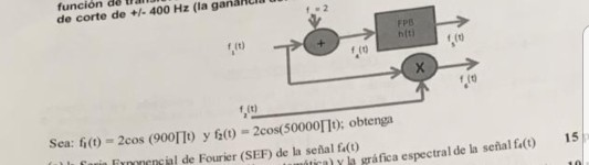 función de ha de corte de + 400 Hz (la ganancl f 2 htti 1.(t) f (0 f,it) Sea: 6(0 - 2cos (90011o y f(0 2cos( 50000110: obteng
