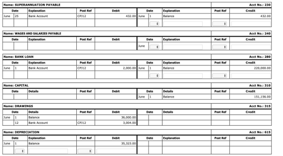 Name: SUPERANNUATION PAYABLE Acct No.: 230 Debit Date Explanation Post Ref Date Explanation Post Ref Credit June 25 Bank Acco