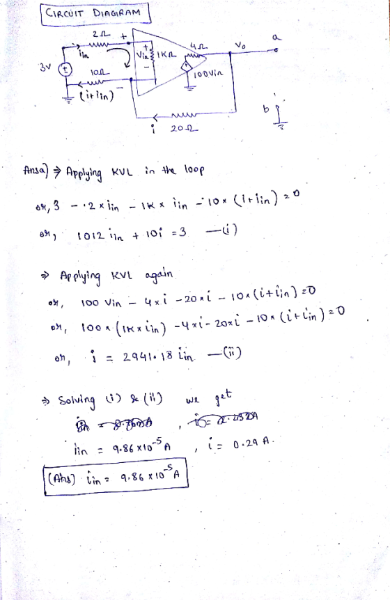 CIRCUIT DIAGRAM 3v 100Vin Tol ttin) MAN 202 Ansa)Appling in he loop KVL вй to12 again r ling KVL 4xi-20 - oo Vin (1кяin) -4тi