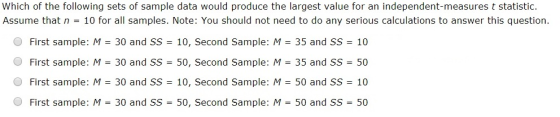 Which of the following sets of sample data would produce the largest value for an independent-measures t statistic. Assume th