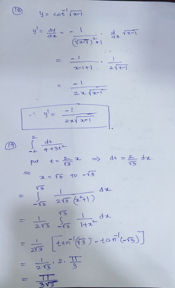 y= cotスーi y= dy 2- + - l 217-1 - 22 2-1 - 1 27 2-1 2- dt 4+3t2 d 2 2 Put SO -3 to V3 K P 2 213 2 d人 2 142 23 1 2Y3 2 . 2 21