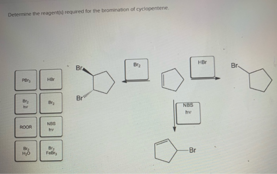 Determine the reagent(s) required for the bromination of cyclopentene HBr Br2 PBr3 HBr Br Br2 Br2 hv NBS hv ROORNBS hv Br2 H2