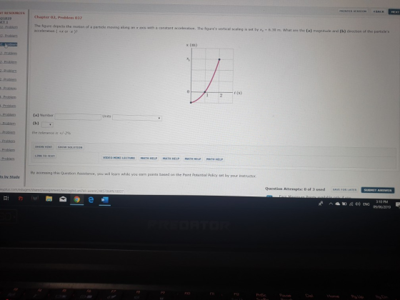 PRINTER VERSION «ВАСK NEXT T RESOURCES Chapter 02, Problem 037 01819 SET 1 The fiqure motion of a particle moving along an x