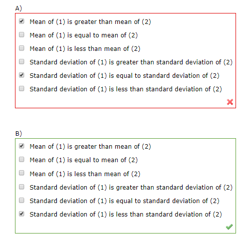 A) Mean of (1) is greater than mean of (2) O Mean of (1) is equal to mean of (2) Mean of (1) is less than mean of (2) Standar