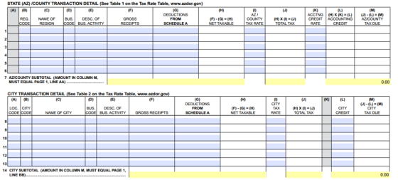 STATE (AZ) ICOUNTY TRANSACTION DETAIL (See Table 1 on the Tax Rate Table, www.azdor.gov) (A) (B) (C) (D) (E) (F (G) (J) (K) (