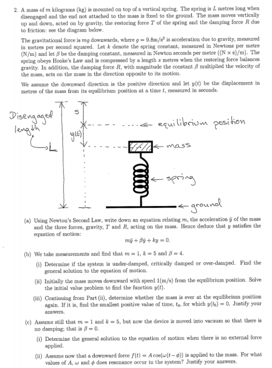 2. A mass of m kilograms (kg) is mounted on top of a vertical spring. The spring is L metres long when disengaged and the end