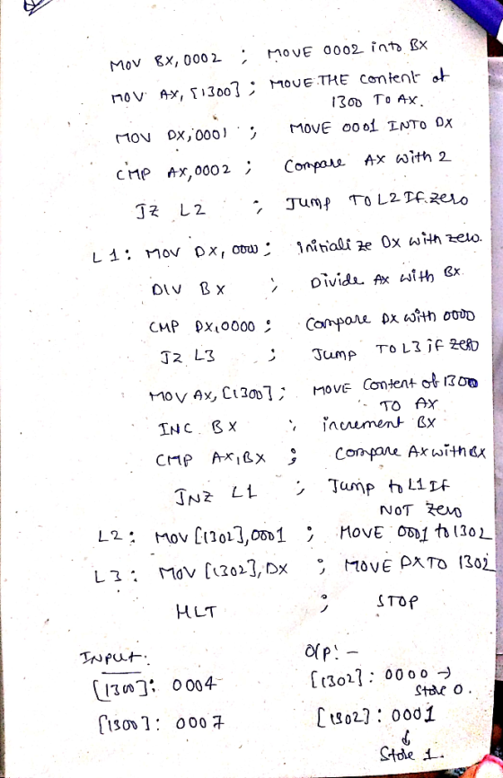 Mov gx,000 2 MoVE 0002. int 8x nov ny, 13003 MOVE THE Content 13o0 To Ax TO AX NOT HLT STOP [13021: 0000 0004 [130$1 : 000