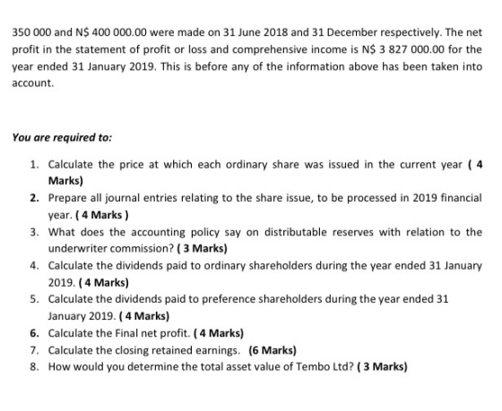 350 000 and N$ 400 000.00 were made on 31 June 2018 and 31 December respectively. The net profit in the statement of profit o