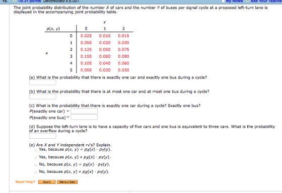 My Notes points Devorestat 5.E.007 ASK TOur leache The joint probability distribution of the number X of cars and the number
