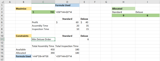 E F G H A Formula Used 1 Maximize Allocated $ 780D6*H4+E6*|4 Standard Deluxe 6 Standard Deluxe 60 $ Profit 40 Assembly Time 2