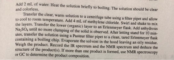 Add 2 mL of water. Heat the solution briefly to boiling. The solution should be clear and colorless. Transfer the clear, warm