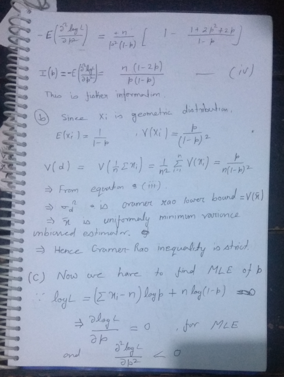 ド(I-b) (1-2ト P(-p) (b) =-E Civ) b Sin (Xi )-上 U-ト)2 V(d) → From equodong (m) minimu vatimce Hence CramenRao inequau.ty is shv