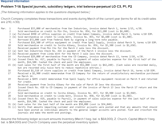 Required information Problem 7-1A Special journals, subsidiary ledgers, trial balance-perpetual LO C3, P1, P2 [The following