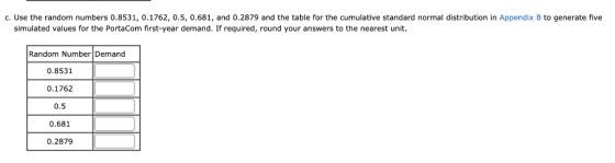 c. Use the random numbers 0.8531, 0.1762, 0.5, 0.681, and 0.2879 and the table for the cumulative standard normal distributio