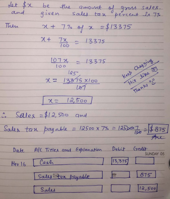 dat $x be Hae quaount of 90s4 Sales given and Saly tan perceat fA 77 Then $13375 7X /OD 13375 1070 keeb Chag ging Hit Jike 13