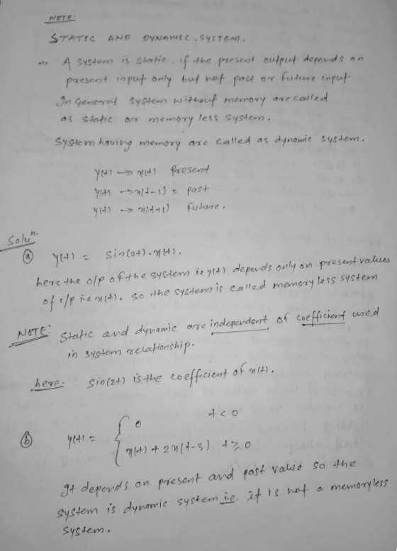 NOTE STATIC AND OYNAWECSYSTEN. A System is static if Present in pupt only but nat past or future input the present oufpeut de