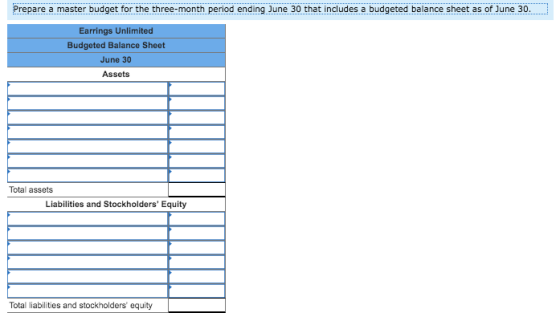 Prepare a master budget for the three-month period ending June 30 that includes a budgeted balance sheet as of June 30 Earrin