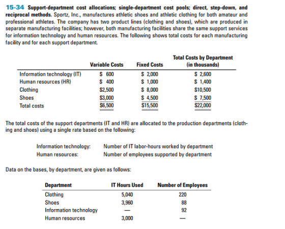15-34 Support-department cost allocations; single-department cost pools; direct, step-down, and reciprocal methods. Sportz, I