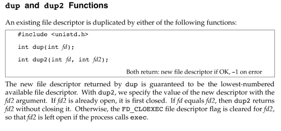 dup and dup2 Functions An existing file descriptor is duplicated by either of the following functions: #include <unistd.h> in