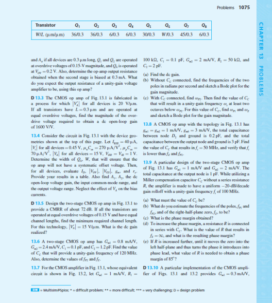 Problems 1075 Transistor Q3 WIL (um/um) 36/0.3 36/0.3 6/0.3 6/0.3 30/0.3 W/0.3 45/0.3 6/0.3 and A, if all devices are 0.3 m l