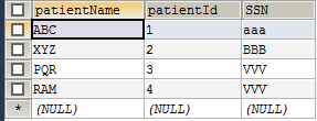 patientName patientId SSN □ XYZ 7 2 RAM *(NULL,) (NULL) (NULL)