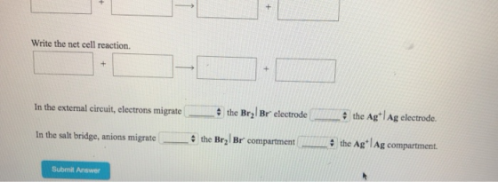 Write the net cell reaction. In the external circuit, electrons migrate the Br2 Br electrode the Ag lAg electrode. In the sal
